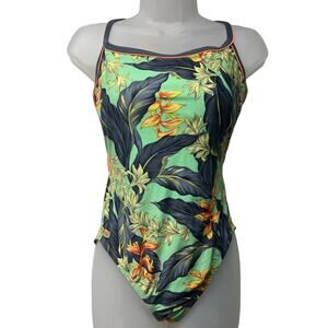 Speedo Women's One Piece Floral Print Green Blue Swim Bathing Suit Size Small